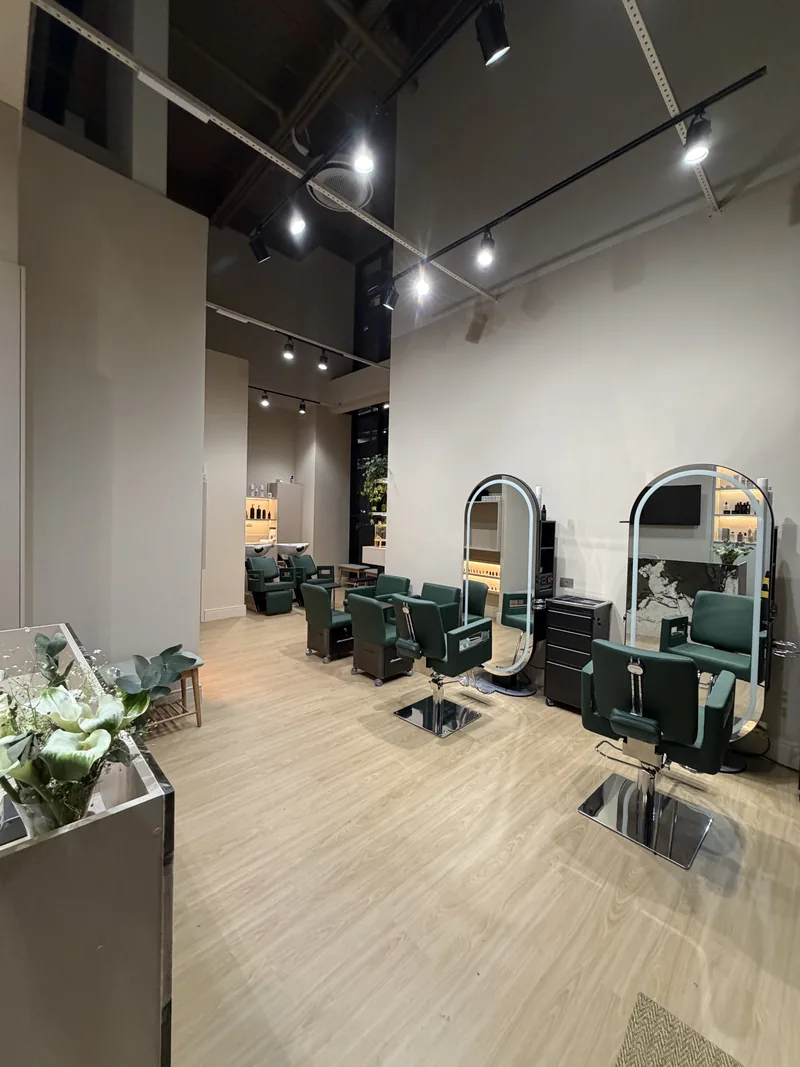 Salão do Jaô Studio, com as cadeiras verdes e os espelhos iluminados